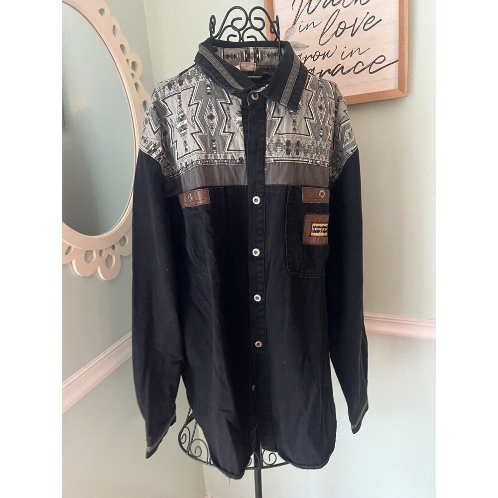 vtg 90s destruction 2XB Aztec grunge jacket Black faded abstract Western Thick